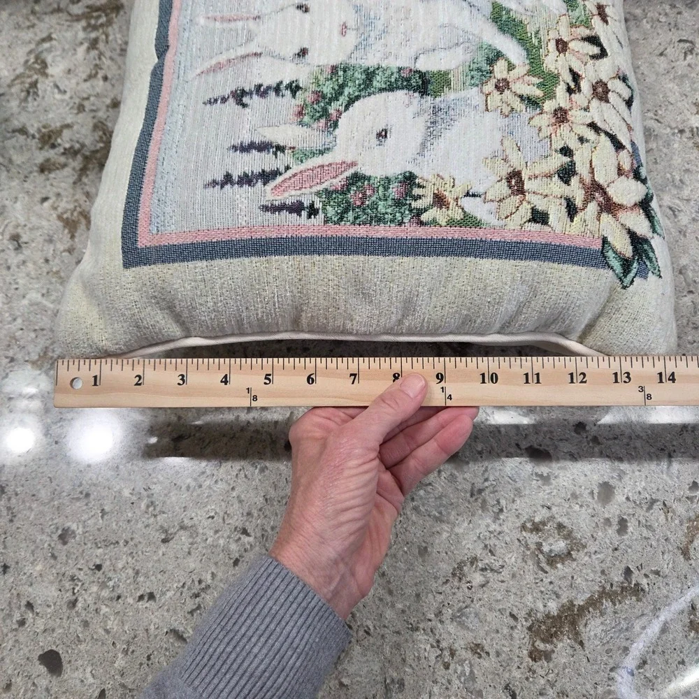 Vintage Woven Tapestry Bunny Rabbit Garden Throw Pillow Easter Cottagecore Decor